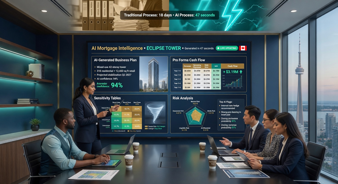Professional team in Toronto using AI commercial mortgage analysis dashboard showing instant pro forma, cash flow projections, and risk analysis for high-rise development financing