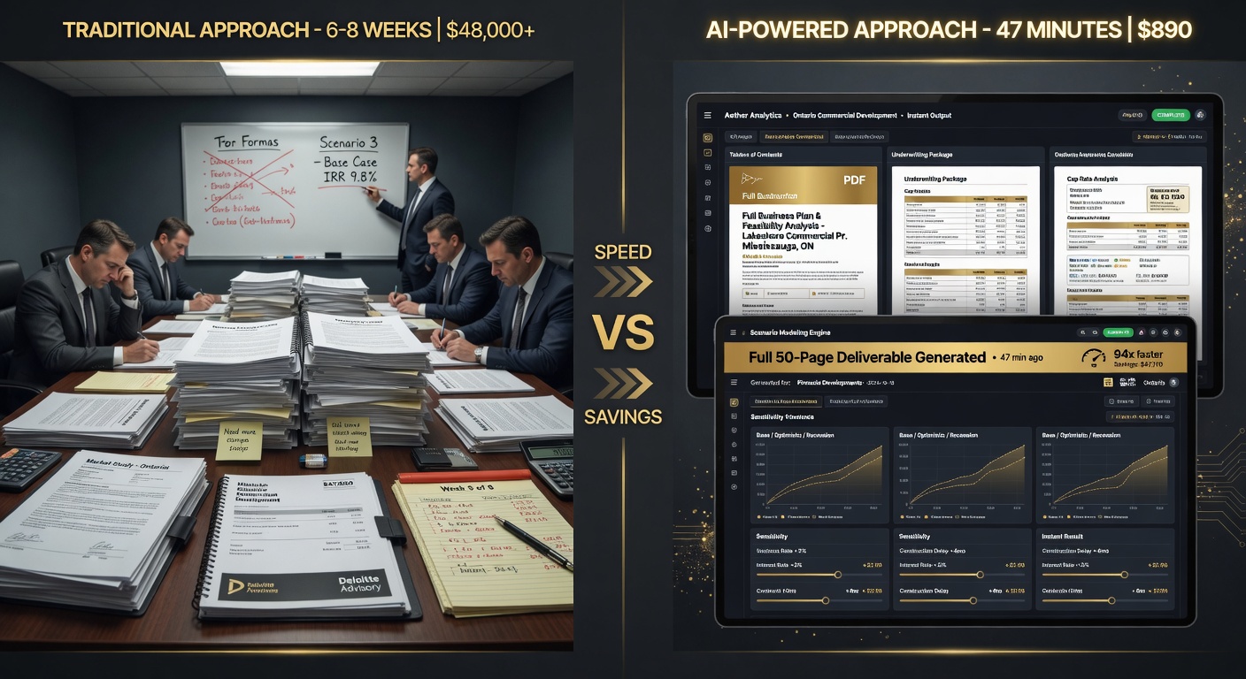 Comparison of traditional expensive analyst teams producing commercial business plans over weeks versus AI instantly generating full pro forma, cash flow, and underwriting packages for Toronto commercial mortgages