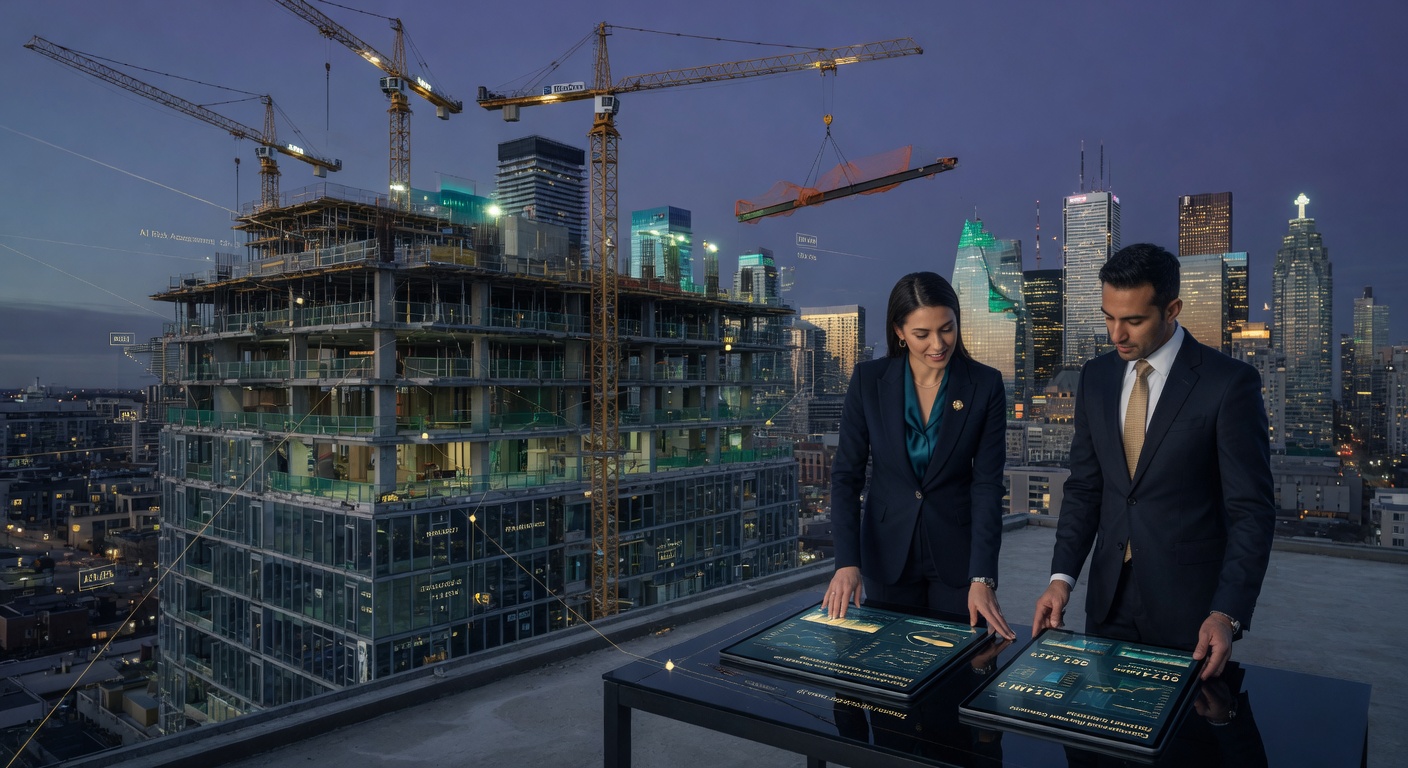 High-rise development and commercial real estate financing in downtown Toronto with cranes, modern towers, and professionals reviewing AI financial models