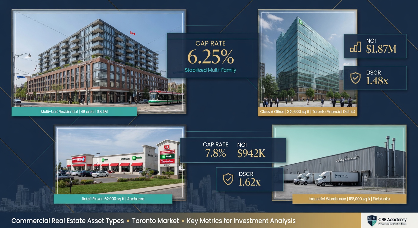 Toronto commercial property types: multi-unit residential, office, retail, and industrial buildings with financial metrics