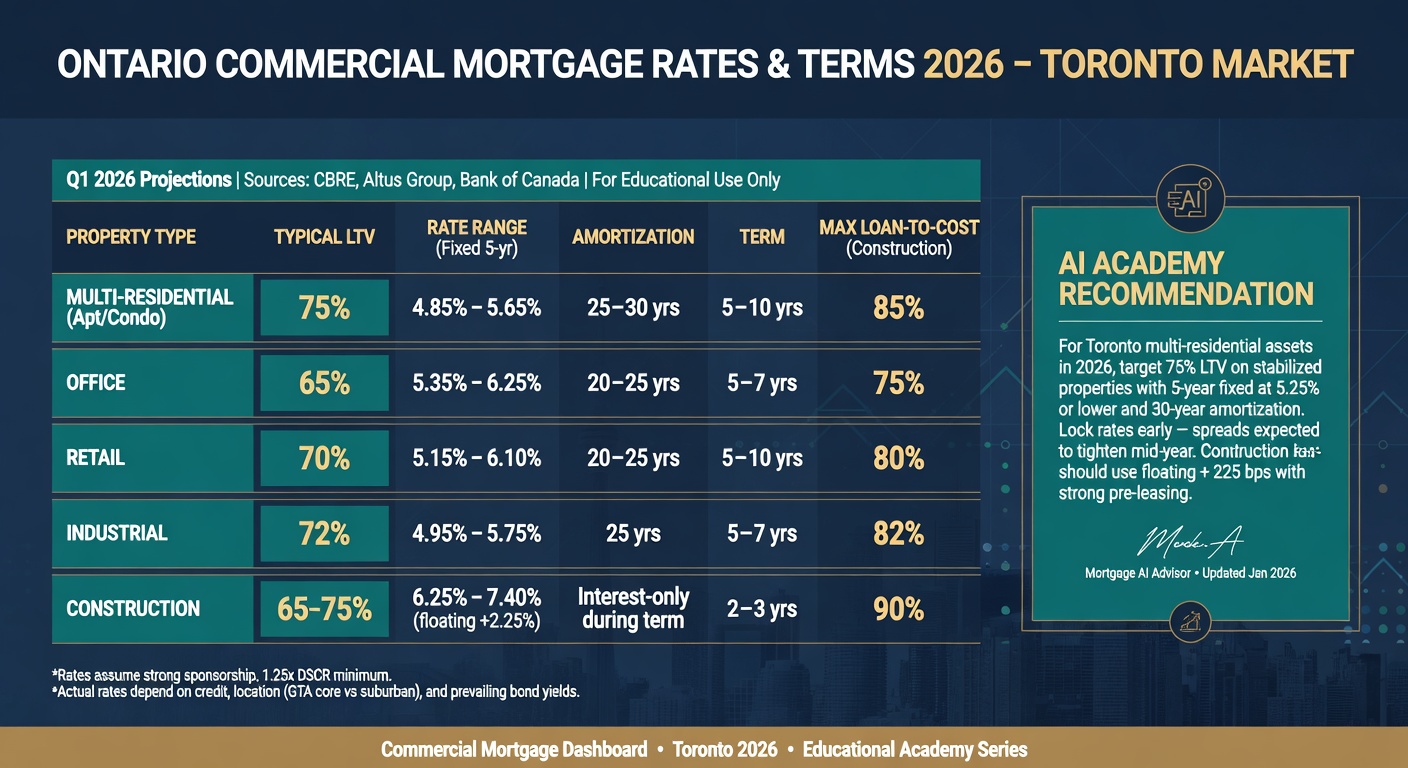Commercial mortgage rates, terms, LTV, and key metrics for multi-residential, office, retail, industrial, and development loans in Toronto and Ontario