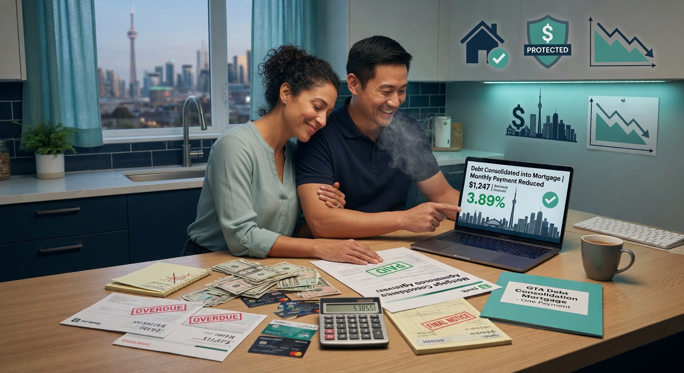 Couple at kitchen table relieved after consolidating debt into Toronto mortgage