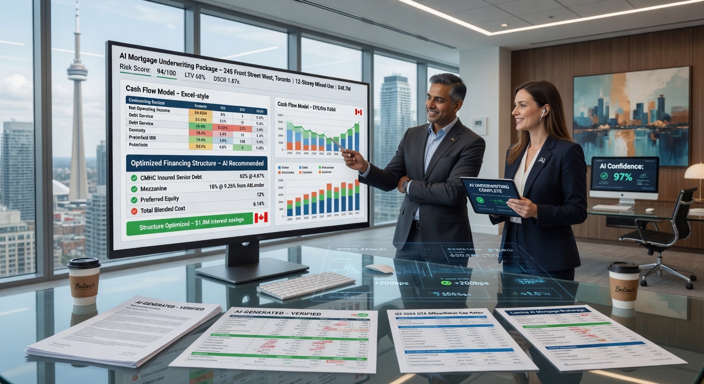 Ontario commercial developer and AI-powered mortgage broker reviewing instant underwriting package, cash flow model, and optimized financing structure for a Toronto high-rise project