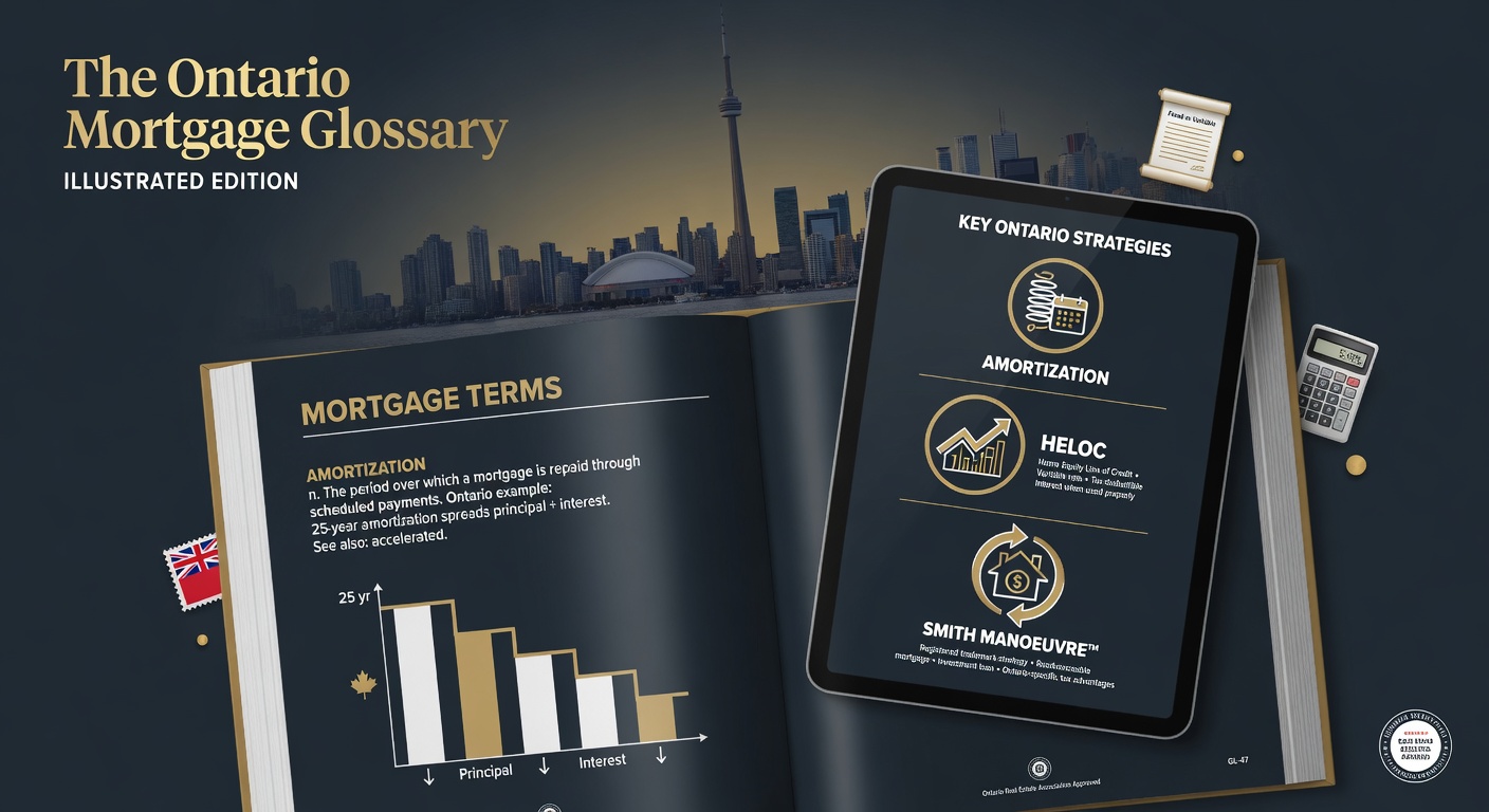 Digital tablet showing mortgage terms glossary with Toronto skyline background