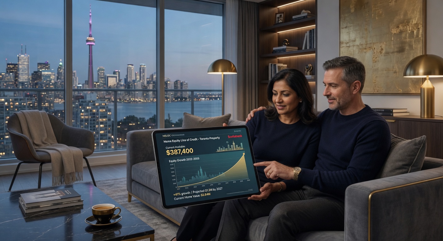 Toronto couple reviewing HELOC dashboard and equity growth in modern home