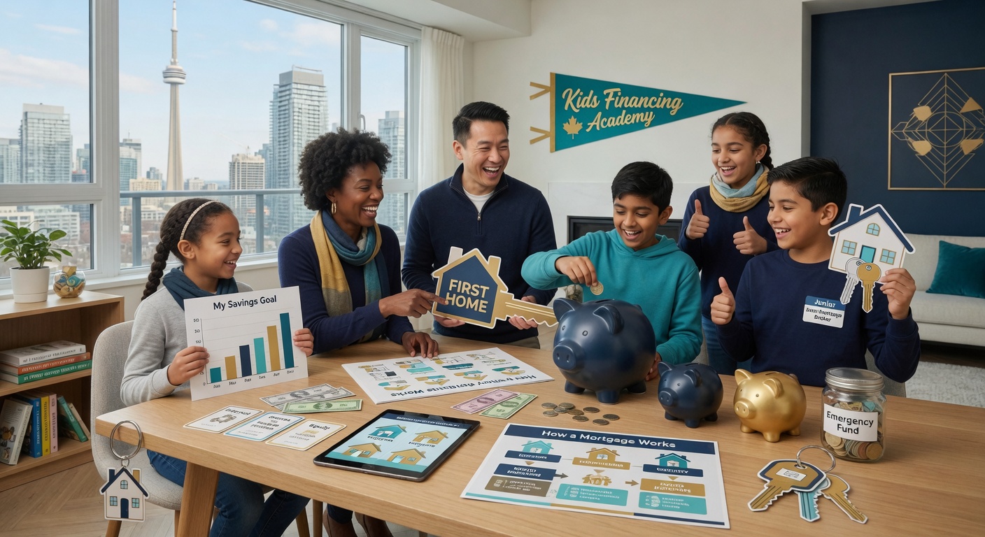 Happy diverse kids and parents learning about money and mortgages in modern Toronto home