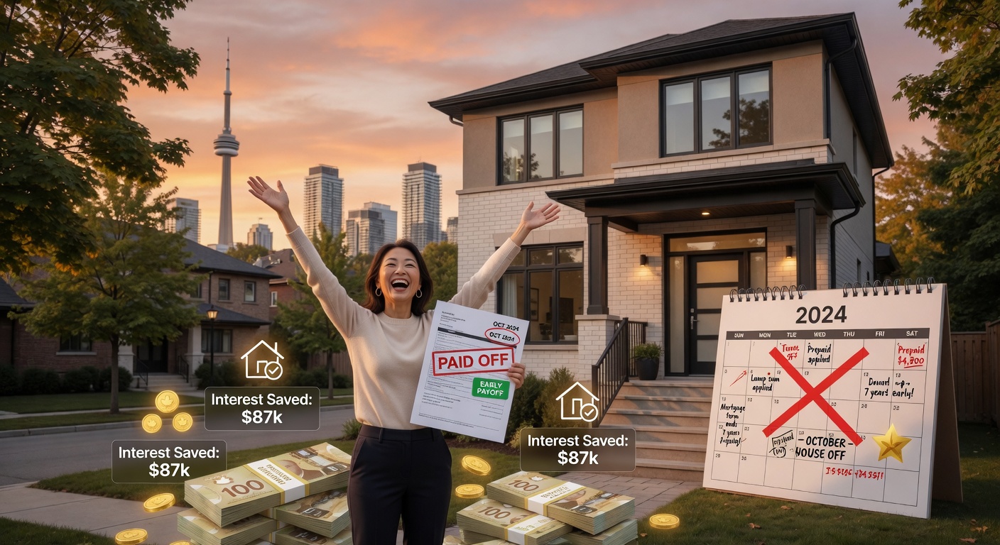Homeowner celebrating early mortgage payoff in front of Toronto house with calendar