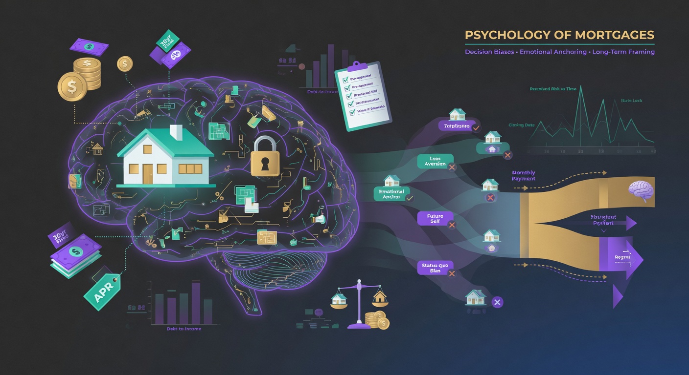 Abstract brain and house icons with financial decision charts, premium educational style