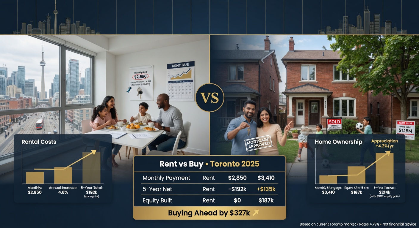 Split image of rental apartment vs owning Toronto house with financial comparison