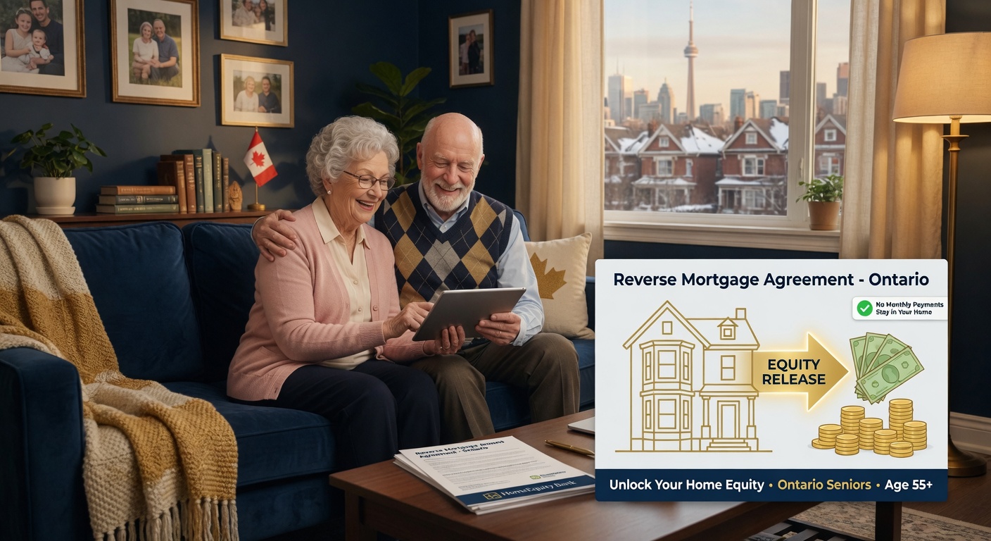 Happy senior couple in Toronto home with reverse mortgage equity release illustration