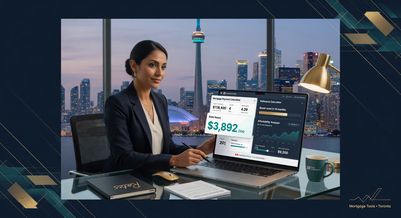 Modern professional using interactive mortgage calculators on laptop with Toronto skyline