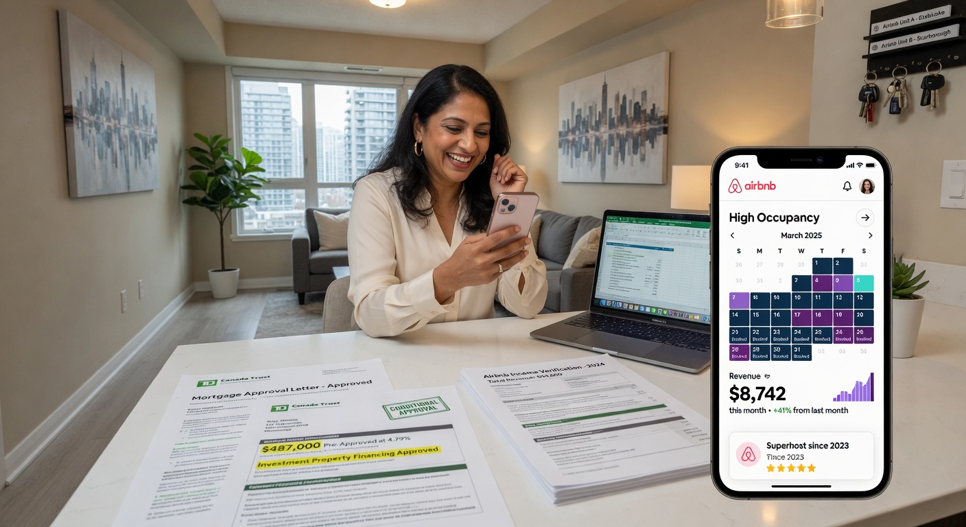 Successful Airbnb host in Ontario reviewing revenue and mortgage approval