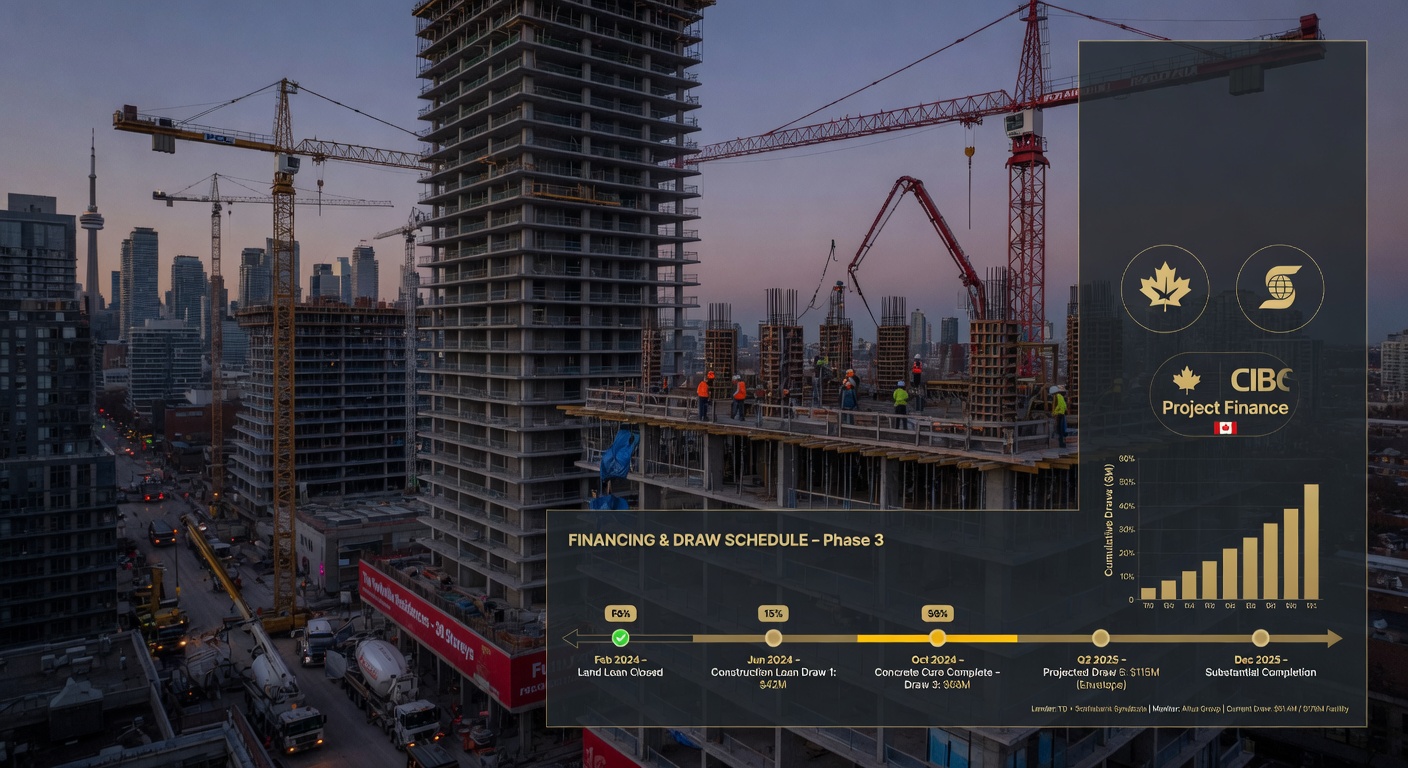 Active high-rise construction site Toronto with financing overlays