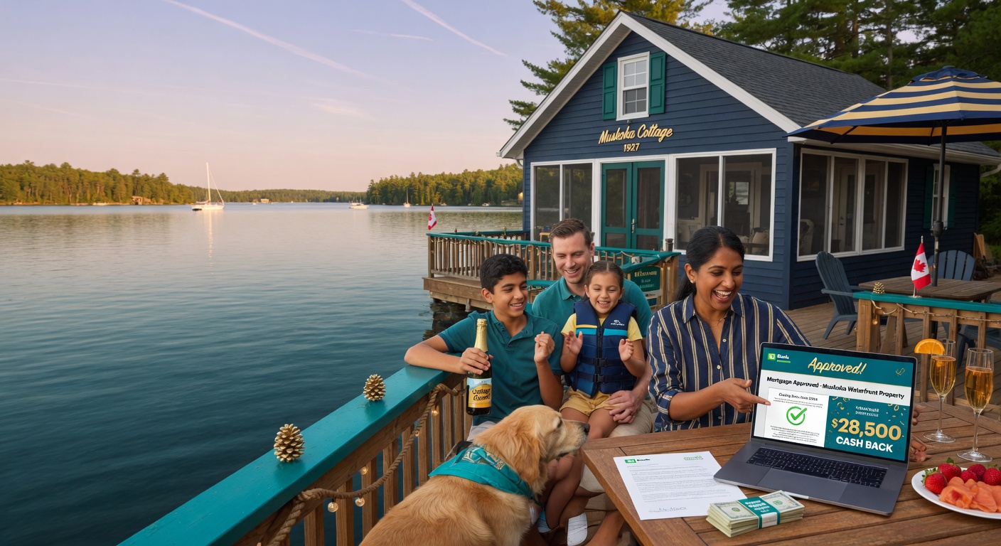 Happy family at their newly financed Ontario cottage