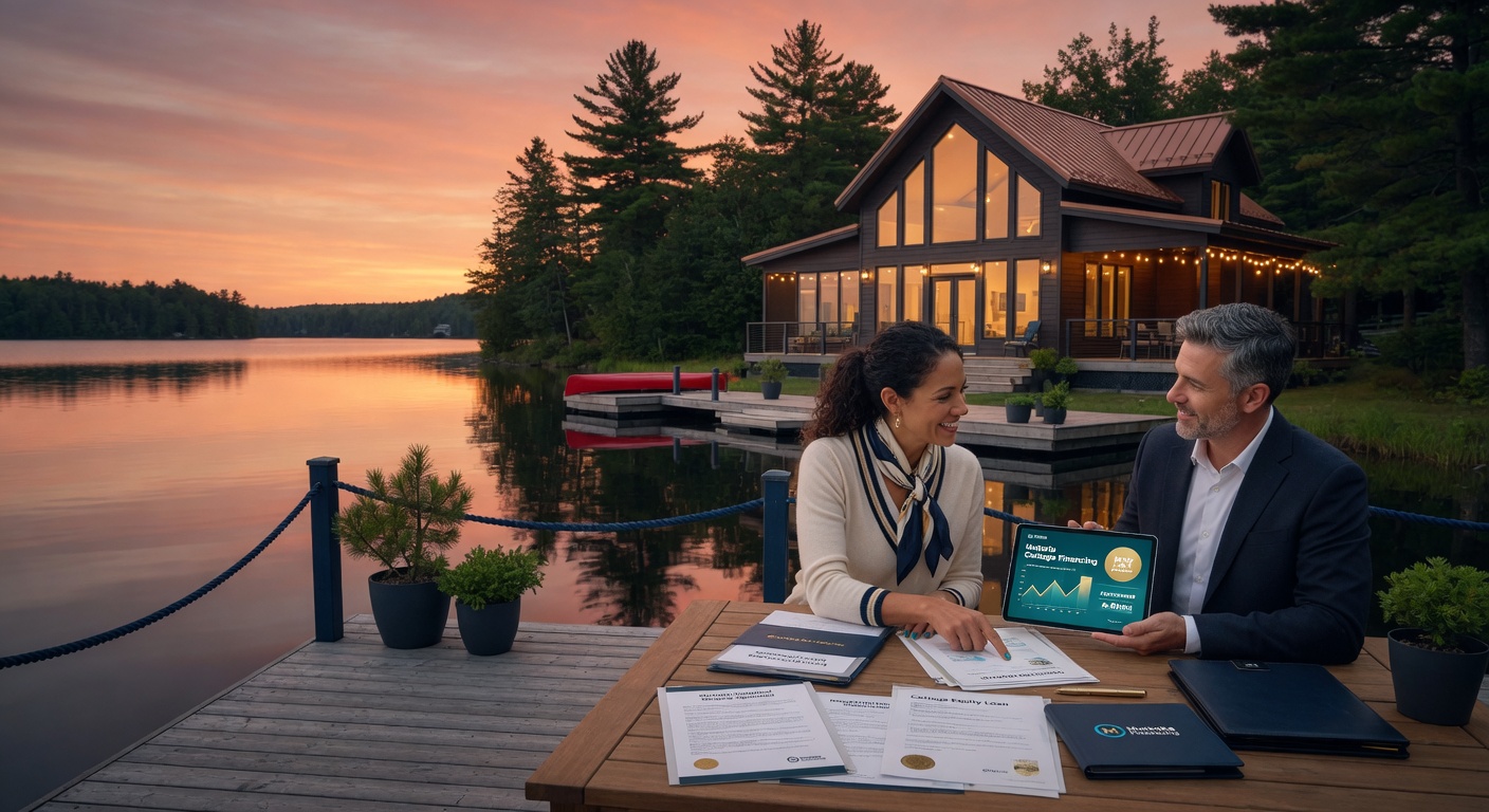 Beautiful Muskoka Ontario lakefront cottage at sunset with buyers reviewing financing on the dock