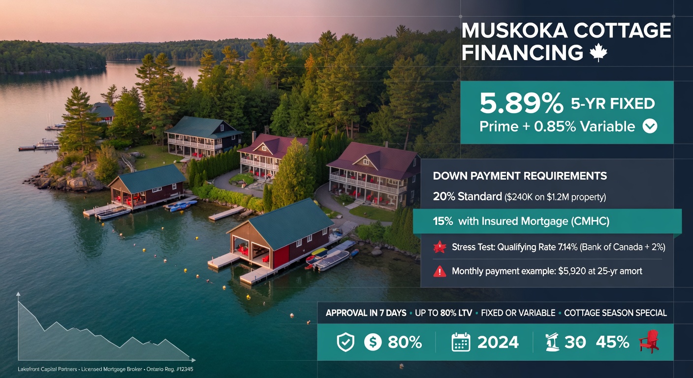Aerial view of Ontario cottage lake country with financing overlays